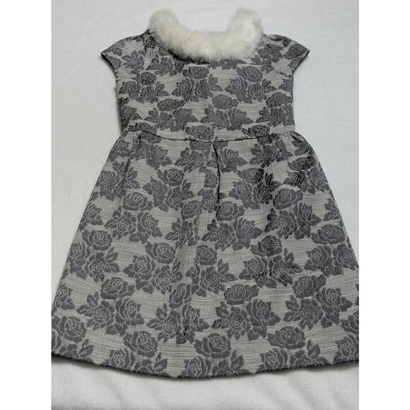 Janie and Jack Pirouette Petals 8 Floral Jacquard Dress‎ Faux Fur Collar Gray - Picture 1 of 8